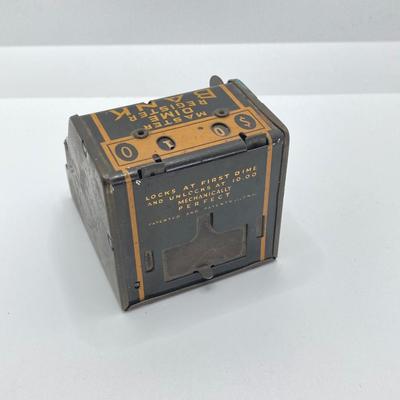 LOT 571: Master Dime Register Bank (Silver Roosevelt Dime Inside), Vintage Pennies, 1917 5 Cent Canadian Silver Coin, Oversized Metal...