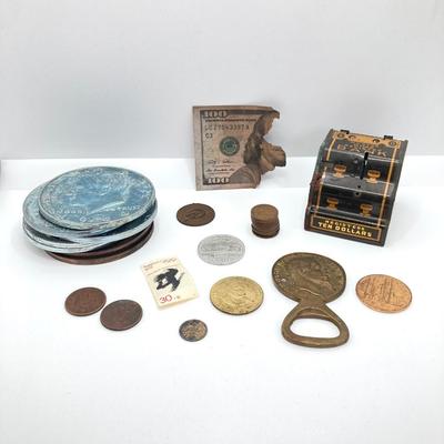 LOT 571: Master Dime Register Bank (Silver Roosevelt Dime Inside), Vintage Pennies, 1917 5 Cent Canadian Silver Coin, Oversized Metal...