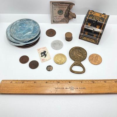 LOT 571: Master Dime Register Bank (Silver Roosevelt Dime Inside), Vintage Pennies, 1917 5 Cent Canadian Silver Coin, Oversized Metal...
