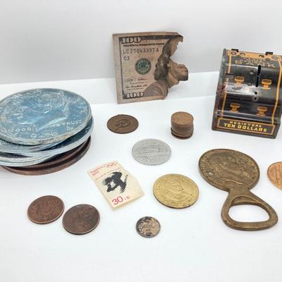 LOT 571: Master Dime Register Bank (Silver Roosevelt Dime Inside), Vintage Pennies, 1917 5 Cent Canadian Silver Coin, Oversized Metal...