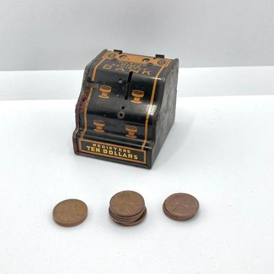 LOT 571: Master Dime Register Bank (Silver Roosevelt Dime Inside), Vintage Pennies, 1917 5 Cent Canadian Silver Coin, Oversized Metal...