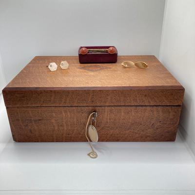 LOT 574: Vintage Wooden Jewelry Box with Collection of Cuff Links and Tie Tacs