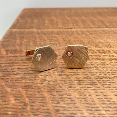 LOT 574: Vintage Wooden Jewelry Box with Collection of Cuff Links and Tie Tacs