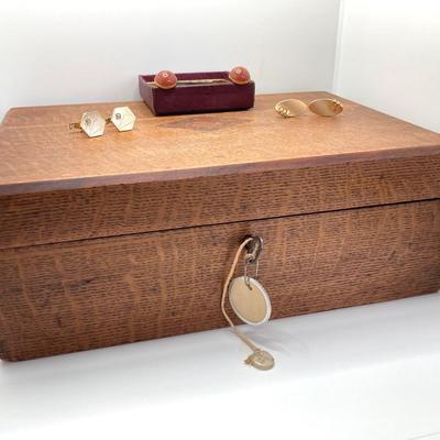 LOT 574: Vintage Wooden Jewelry Box with Collection of Cuff Links and Tie Tacs