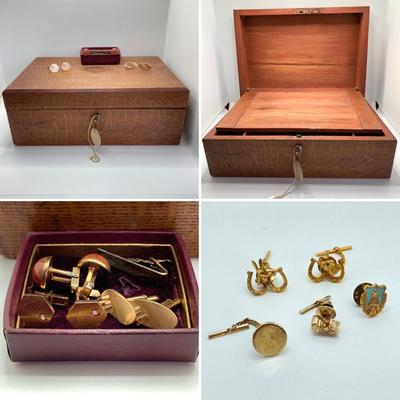 LOT 574: Vintage Wooden Jewelry Box with Collection of Cuff Links and Tie Tacs