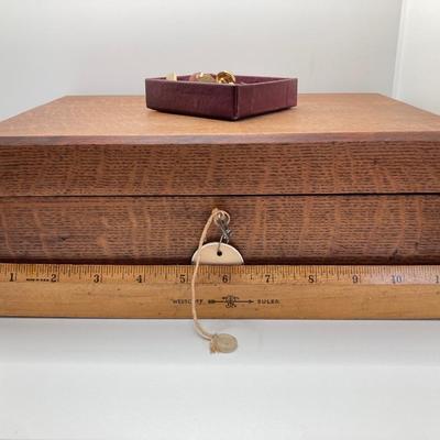 LOT 574: Vintage Wooden Jewelry Box with Collection of Cuff Links and Tie Tacs