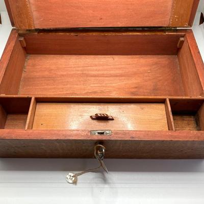 LOT 574: Vintage Wooden Jewelry Box with Collection of Cuff Links and Tie Tacs