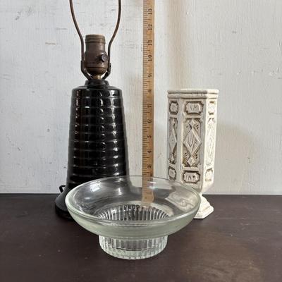 LOT 584: Vintage MCM Ceramic Lamp (untested), Inarco Embossed Vase & Clear Candy Bowl w/Ribbed Base