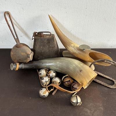 LOT 585: Vtg. Authentic Bull Horn Cigar Rest/Ashtray & Powder Horn, Rustic Iron Horse Paddle Stirrup/Footrest, Cow Bell, Bells &...