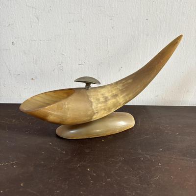 LOT 585: Vtg. Authentic Bull Horn Cigar Rest/Ashtray & Powder Horn, Rustic Iron Horse Paddle Stirrup/Footrest, Cow Bell, Bells &...