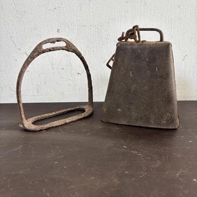 LOT 585: Vtg. Authentic Bull Horn Cigar Rest/Ashtray & Powder Horn, Rustic Iron Horse Paddle Stirrup/Footrest, Cow Bell, Bells &...