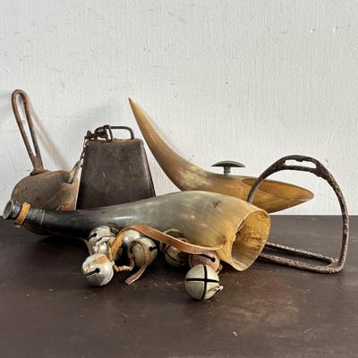 LOT 585: Vtg. Authentic Bull Horn Cigar Rest/Ashtray & Powder Horn, Rustic Iron Horse Paddle Stirrup/Footrest, Cow Bell, Bells &...