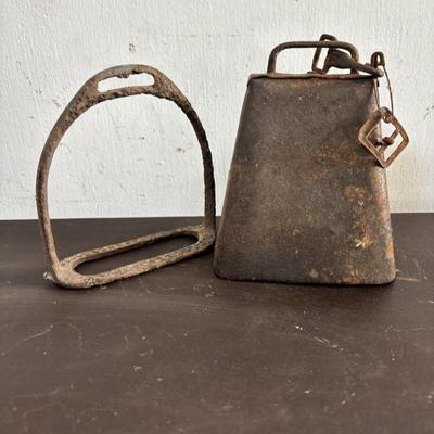 LOT 585: Vtg. Authentic Bull Horn Cigar Rest/Ashtray & Powder Horn, Rustic Iron Horse Paddle Stirrup/Footrest, Cow Bell, Bells &...