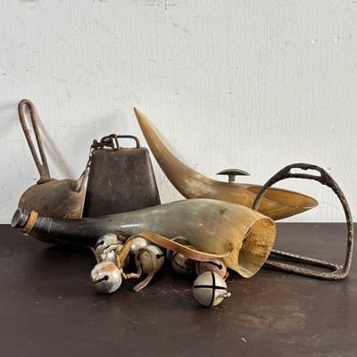 LOT 585: Vtg. Authentic Bull Horn Cigar Rest/Ashtray & Powder Horn, Rustic Iron Horse Paddle Stirrup/Footrest, Cow Bell, Bells &...