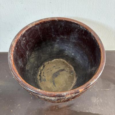 LOT 586: Vintage Brown Glazed Planter, Made in USA Planter & "Gathering Granny" Figurine