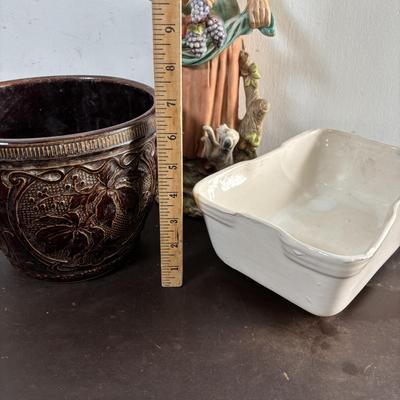 LOT 586: Vintage Brown Glazed Planter, Made in USA Planter & "Gathering Granny" Figurine