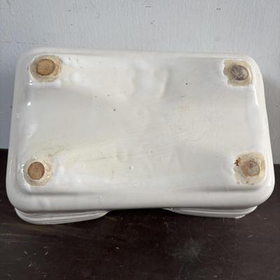 LOT 586: Vintage Brown Glazed Planter, Made in USA Planter & "Gathering Granny" Figurine