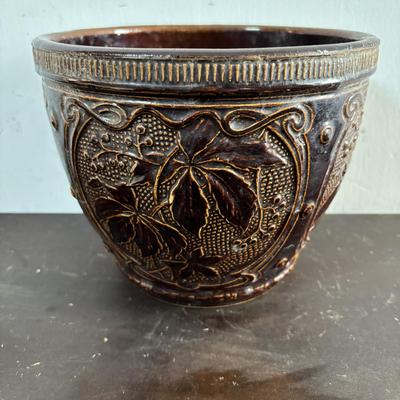 LOT 586: Vintage Brown Glazed Planter, Made in USA Planter & "Gathering Granny" Figurine