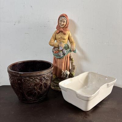 LOT 586: Vintage Brown Glazed Planter, Made in USA Planter & "Gathering Granny" Figurine