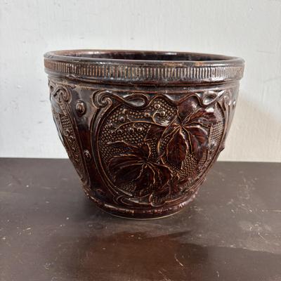 LOT 586: Vintage Brown Glazed Planter, Made in USA Planter & "Gathering Granny" Figurine