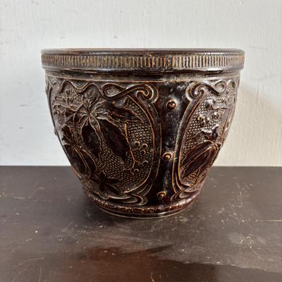 LOT 586: Vintage Brown Glazed Planter, Made in USA Planter & "Gathering Granny" Figurine