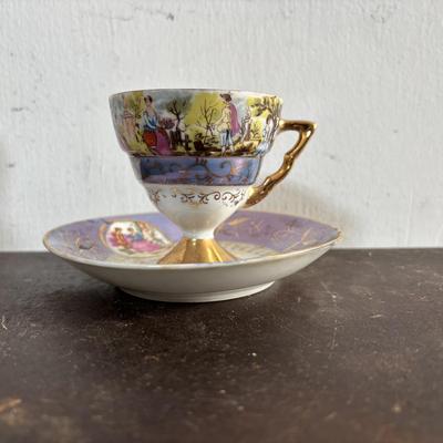 LOT 588: Vintage Floral Lamp, Brass Candelabra & Pressed Glass Oval Candy Dish & Arnart Teacup