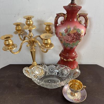LOT 588: Vintage Floral Lamp, Brass Candelabra & Pressed Glass Oval Candy Dish & Arnart Teacup