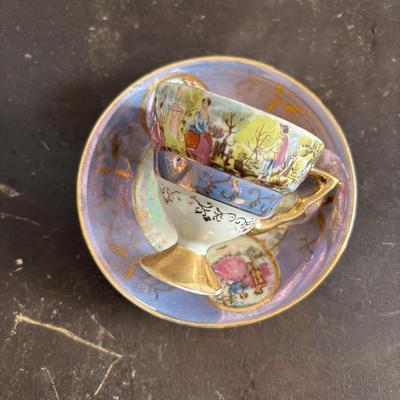 LOT 588: Vintage Floral Lamp, Brass Candelabra & Pressed Glass Oval Candy Dish & Arnart Teacup