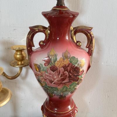 LOT 588: Vintage Floral Lamp, Brass Candelabra & Pressed Glass Oval Candy Dish & Arnart Teacup