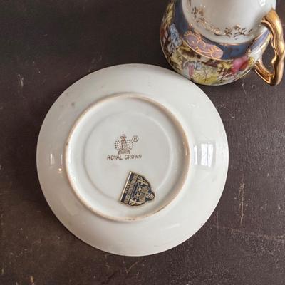 LOT 588: Vintage Floral Lamp, Brass Candelabra & Pressed Glass Oval Candy Dish & Arnart Teacup