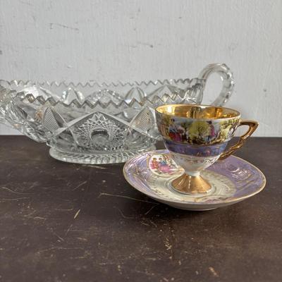 LOT 588: Vintage Floral Lamp, Brass Candelabra & Pressed Glass Oval Candy Dish & Arnart Teacup