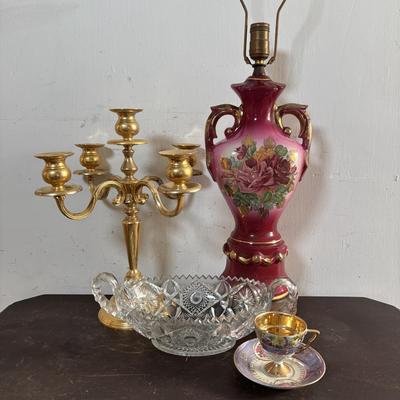 LOT 588: Vintage Floral Lamp, Brass Candelabra & Pressed Glass Oval Candy Dish & Arnart Teacup