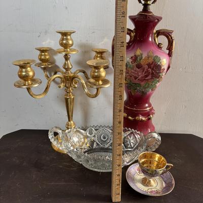 LOT 588: Vintage Floral Lamp, Brass Candelabra & Pressed Glass Oval Candy Dish & Arnart Teacup