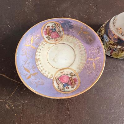 LOT 588: Vintage Floral Lamp, Brass Candelabra & Pressed Glass Oval Candy Dish & Arnart Teacup