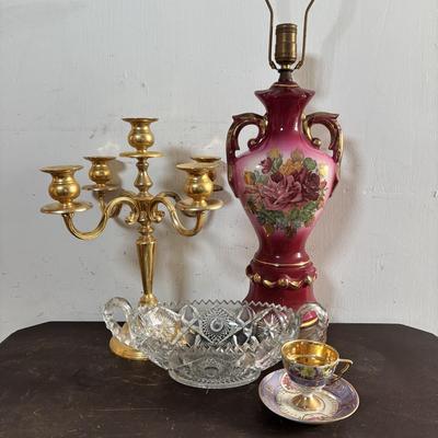 LOT 588: Vintage Floral Lamp, Brass Candelabra & Pressed Glass Oval Candy Dish & Arnart Teacup