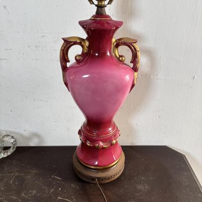 LOT 588: Vintage Floral Lamp, Brass Candelabra & Pressed Glass Oval Candy Dish & Arnart Teacup
