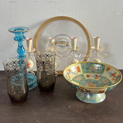 LOT 589: MCM Vtg Bo Svensk HB Sweden 4 Light Candelabra, Baret Ware, Made in England Canton Compote, Pair of Smokey Glass Tumblers...
