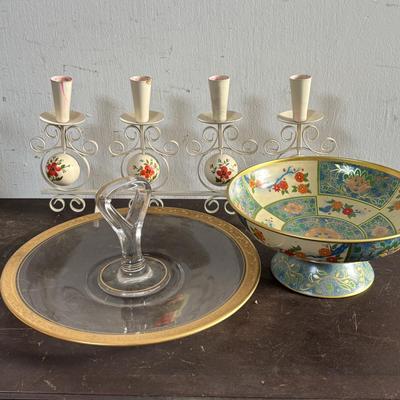 LOT 589: MCM Vtg Bo Svensk HB Sweden 4 Light Candelabra, Baret Ware, Made in England Canton Compote, Pair of Smokey Glass Tumblers...
