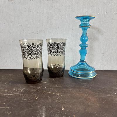 LOT 589: MCM Vtg Bo Svensk HB Sweden 4 Light Candelabra, Baret Ware, Made in England Canton Compote, Pair of Smokey Glass Tumblers...