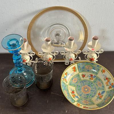 LOT 589: MCM Vtg Bo Svensk HB Sweden 4 Light Candelabra, Baret Ware, Made in England Canton Compote, Pair of Smokey Glass Tumblers...