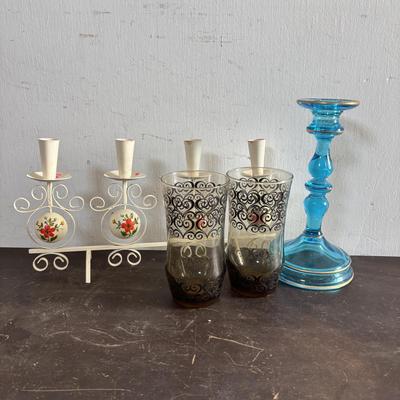 LOT 589: MCM Vtg Bo Svensk HB Sweden 4 Light Candelabra, Baret Ware, Made in England Canton Compote, Pair of Smokey Glass Tumblers...