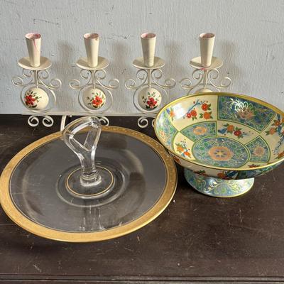 LOT 589: MCM Vtg Bo Svensk HB Sweden 4 Light Candelabra, Baret Ware, Made in England Canton Compote, Pair of Smokey Glass Tumblers...