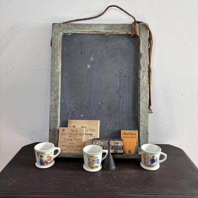 LOT 590: Slate Chalkboard, Warwick Child's Baby Mugs, Crayola Crayons, Bradley Kindergarten Cutting Paper