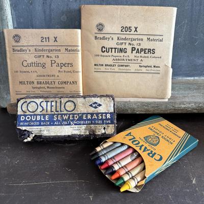 LOT 590: Slate Chalkboard, Warwick Child's Baby Mugs, Crayola Crayons, Bradley Kindergarten Cutting Paper