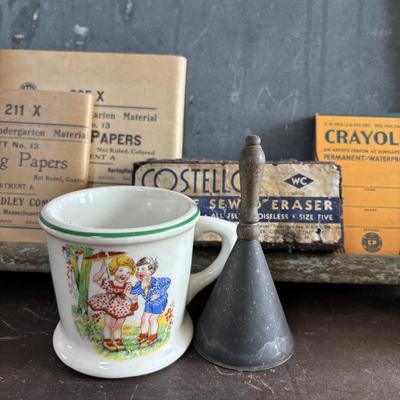 LOT 590: Slate Chalkboard, Warwick Child's Baby Mugs, Crayola Crayons, Bradley Kindergarten Cutting Paper