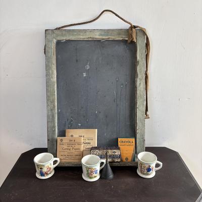 LOT 590: Slate Chalkboard, Warwick Child's Baby Mugs, Crayola Crayons, Bradley Kindergarten Cutting Paper