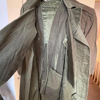 LOT 593: Military Issued Clothing: Officers Shirt, Uniform Jacket & Trousers & Trench Coat