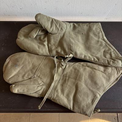LOT 594: Military Issued Coat, Long John Thermal Shirts/Pants, Gloves along with Leather Mittens