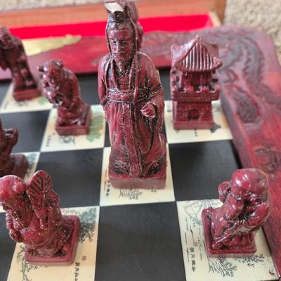 LOT 597: Vintage Carved Wooden Japanese Folding Chess Set