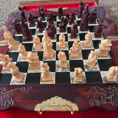 LOT 597: Vintage Carved Wooden Japanese Folding Chess Set